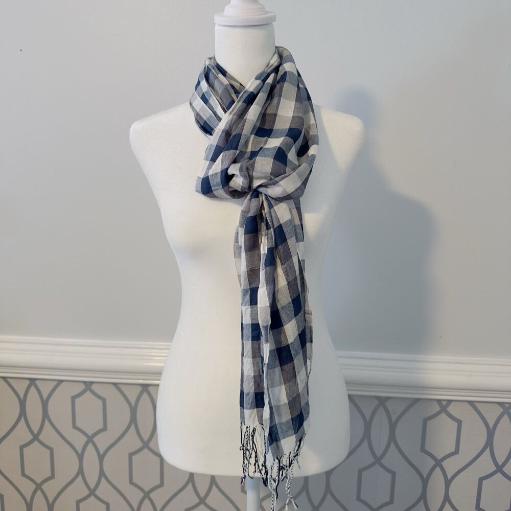Pashmina Cashmere Scarf Shawl Wrap Checkered Navy Blue/White Summer Thin Fringe